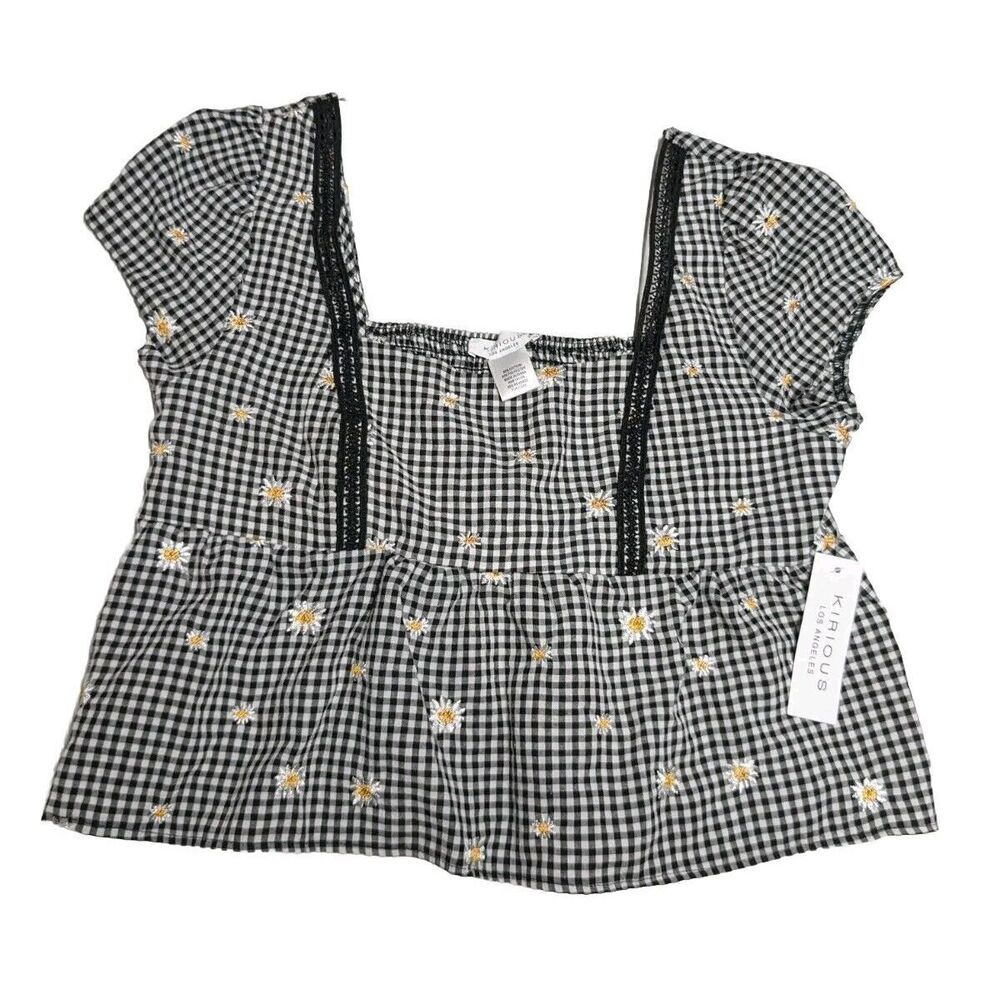 Kirius Los Angeles Top Women Large Plaid And Flowers Short Sleeves Crop Junior L